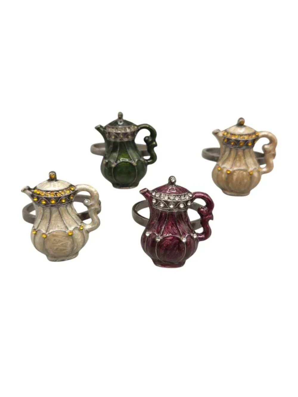 Chocolate Pot Napkin Rings Enamel Finish Rhinestone Accents Set of 4